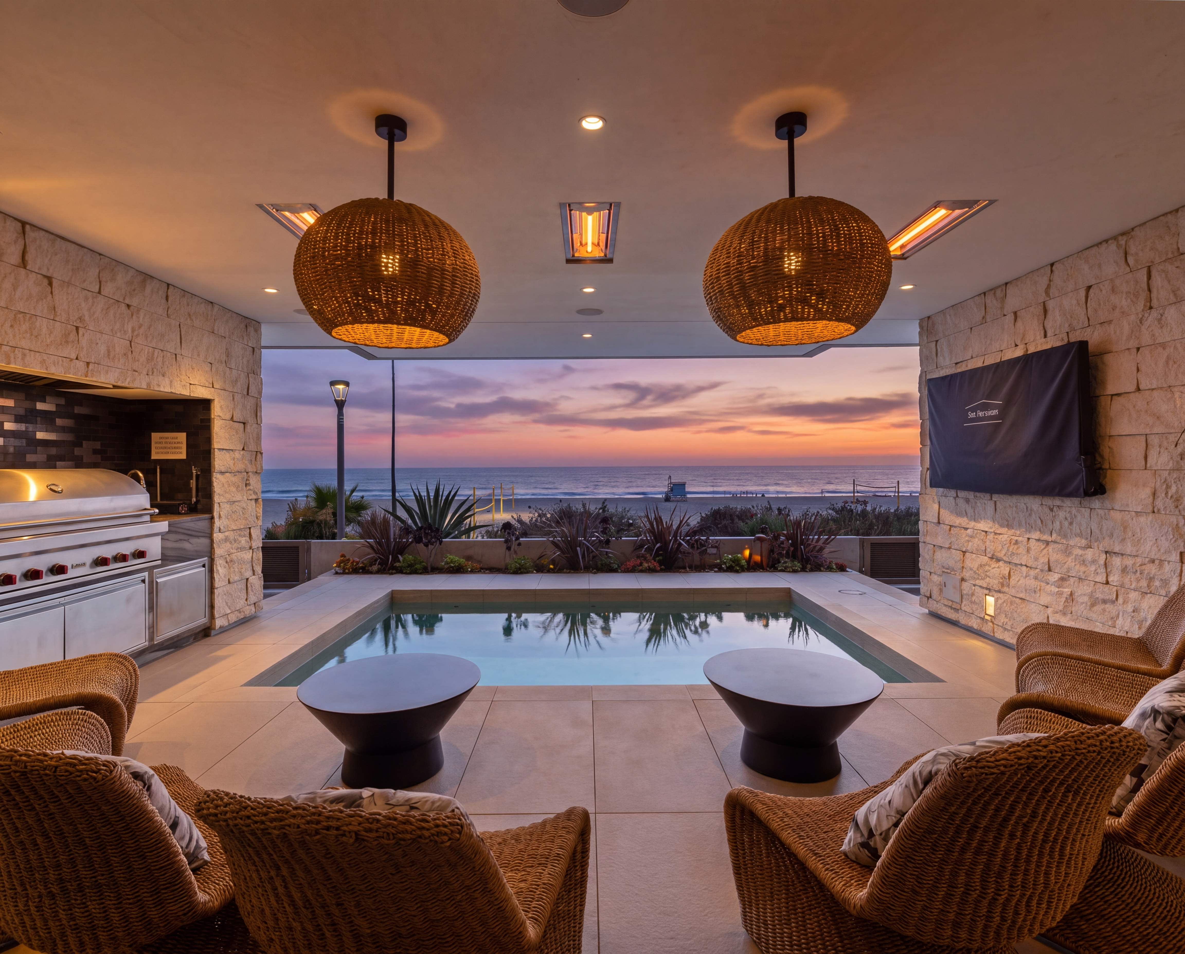 Moveable floor pool with panoramic ocean views at dusk